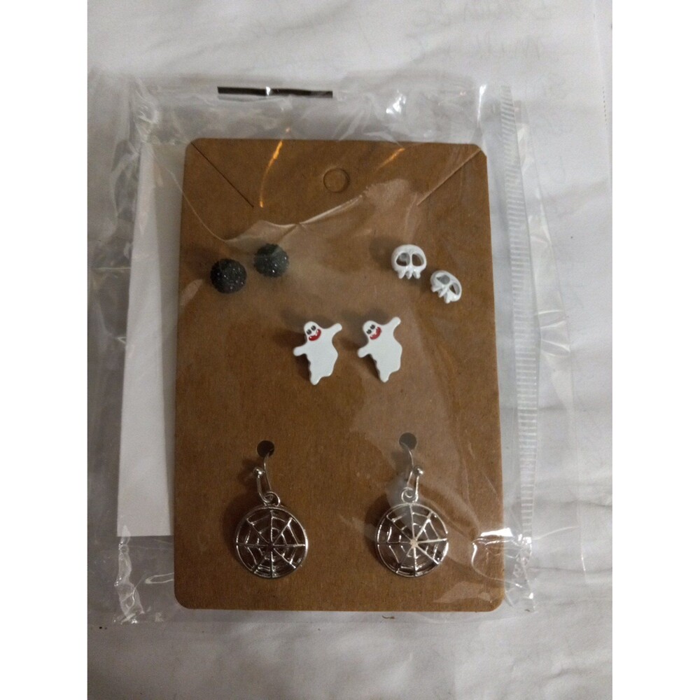 Halloween Earrings Set of 4 Black Balls Ghosts Skulls Dangle Spider Webs